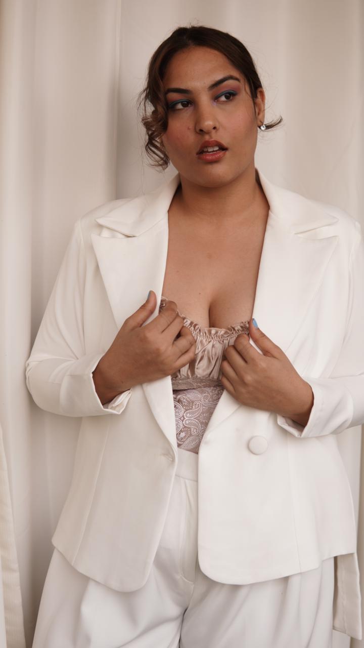 White high low blazer set with Pleat Pants