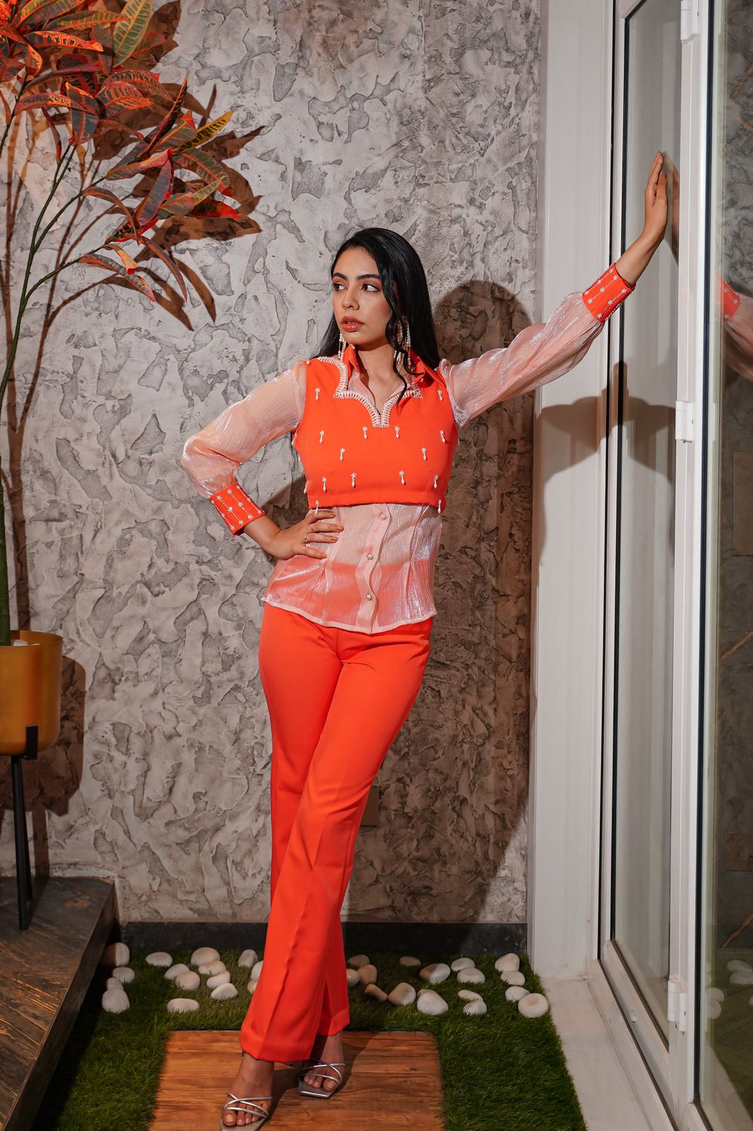 Coral Orange 3 Piece Pearl Coord Set